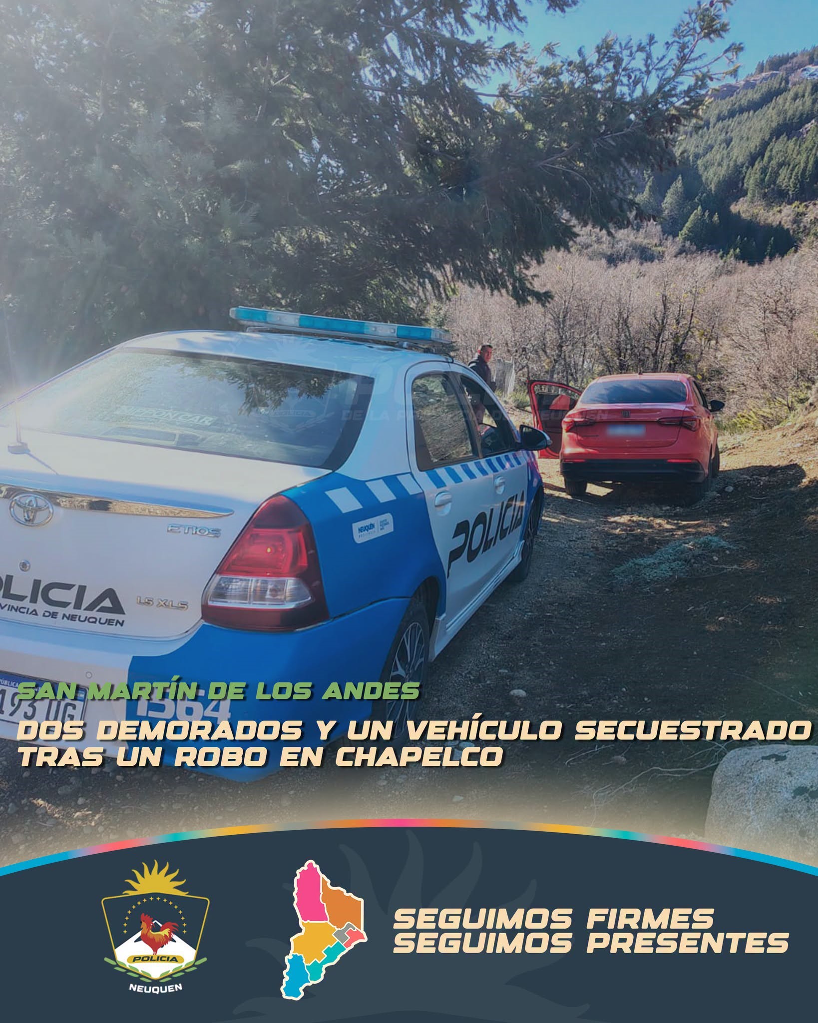 Dos demorados y un vehículo secuestrado tras un robo en Cerro Chapelco.
